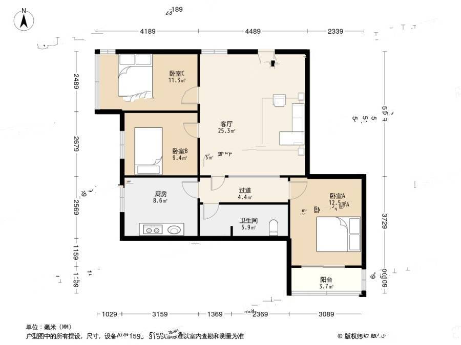 新湛二路小区3室1厅1卫90㎡户型图