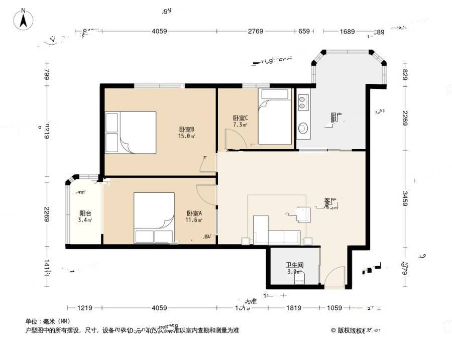 仰口路小区3室1厅1卫77.9㎡户型图