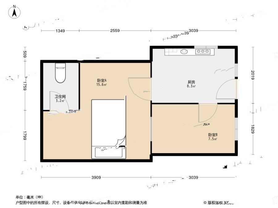 广西路小区1室1厅1卫21.4㎡户型图