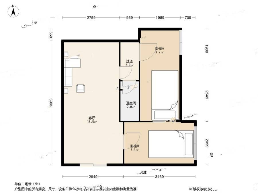 广西路小区2室1厅1卫30.1㎡户型图