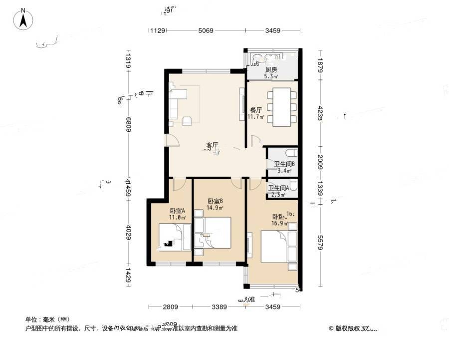 珠海一路社区3室2厅2卫131.2㎡户型图