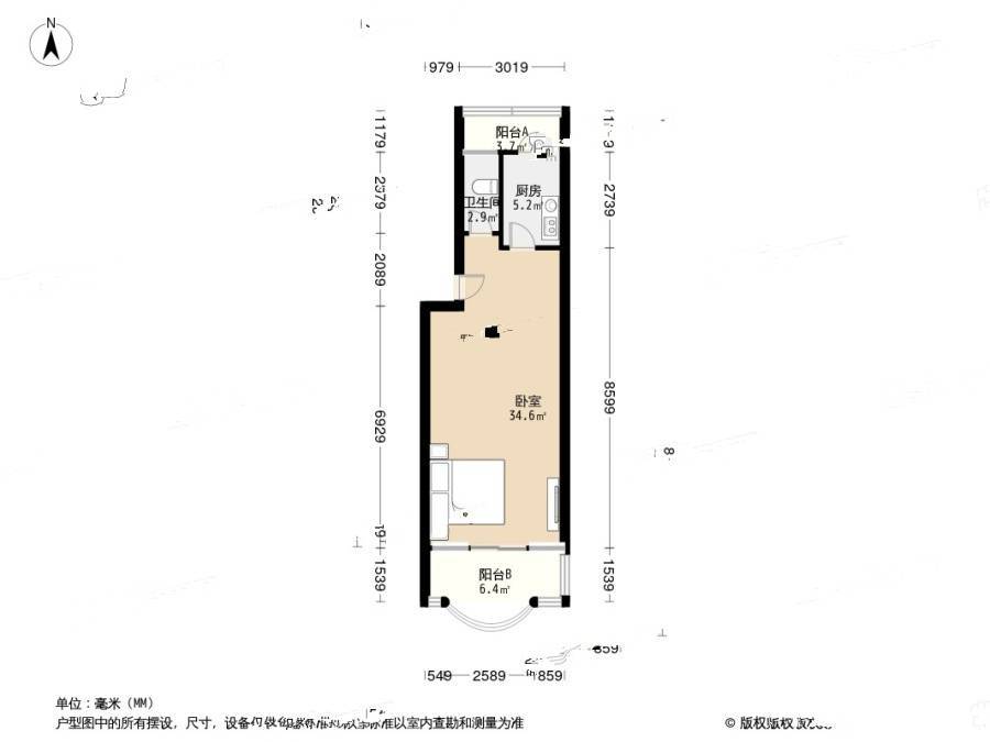 海湾花园(市南)1室1厅1卫56.5㎡户型图