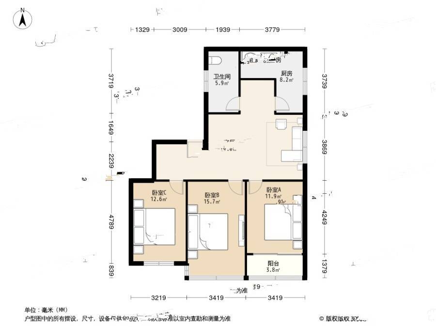 丰县路小区3室1厅1卫114.1㎡户型图