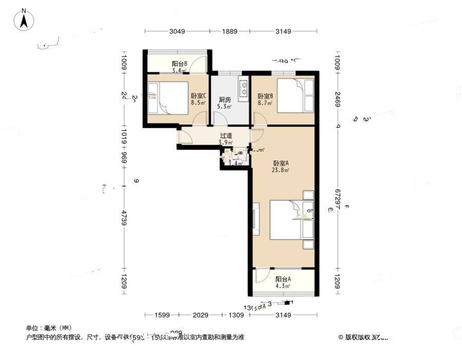 泰兴路小区3室1厅1卫69.3㎡户型图