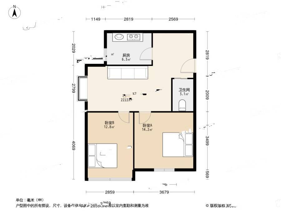 新湛一路小区2室1厅1卫69㎡户型图