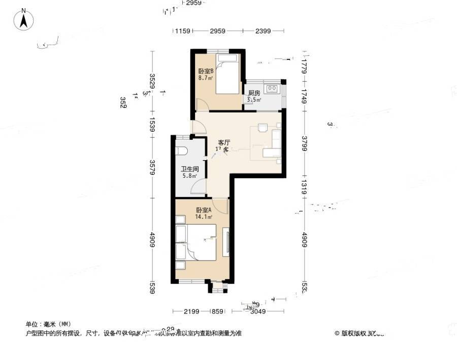 香港中路社区2室1厅1卫65.3㎡户型图