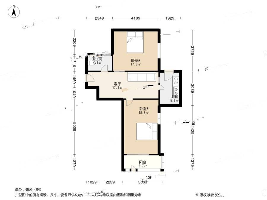 汇泉路小区2室1厅1卫68㎡户型图