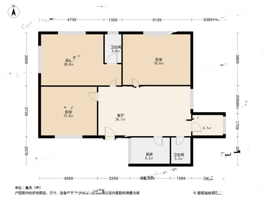 专家公寓3室1厅2卫124.6㎡户型图