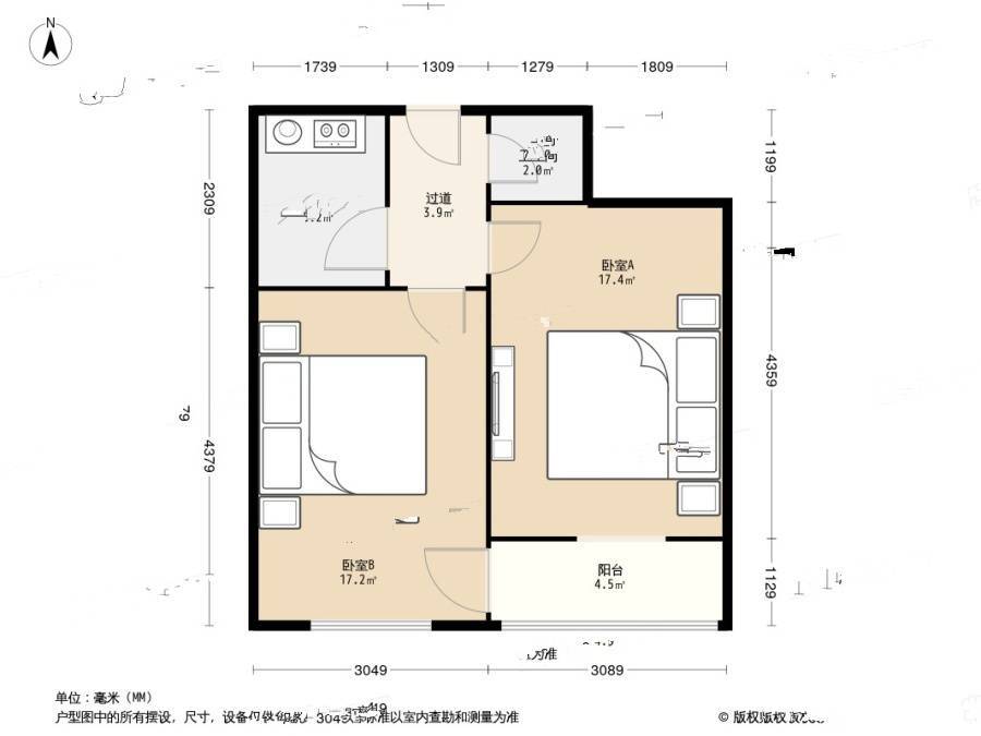 曲阜路小区2室0厅1卫50㎡户型图