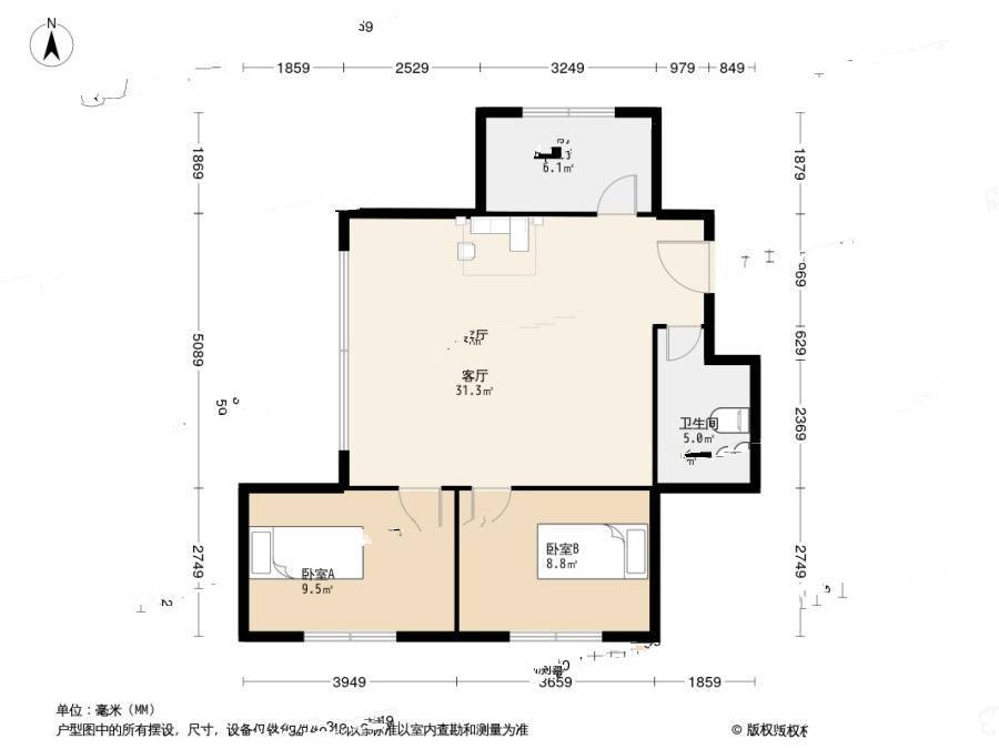 金秋小区二期2室1厅1卫70.9㎡户型图