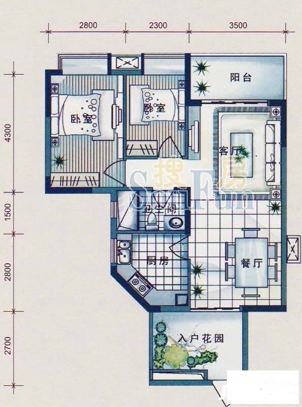 星宝明珠花园2室2厅1卫87.3㎡户型图