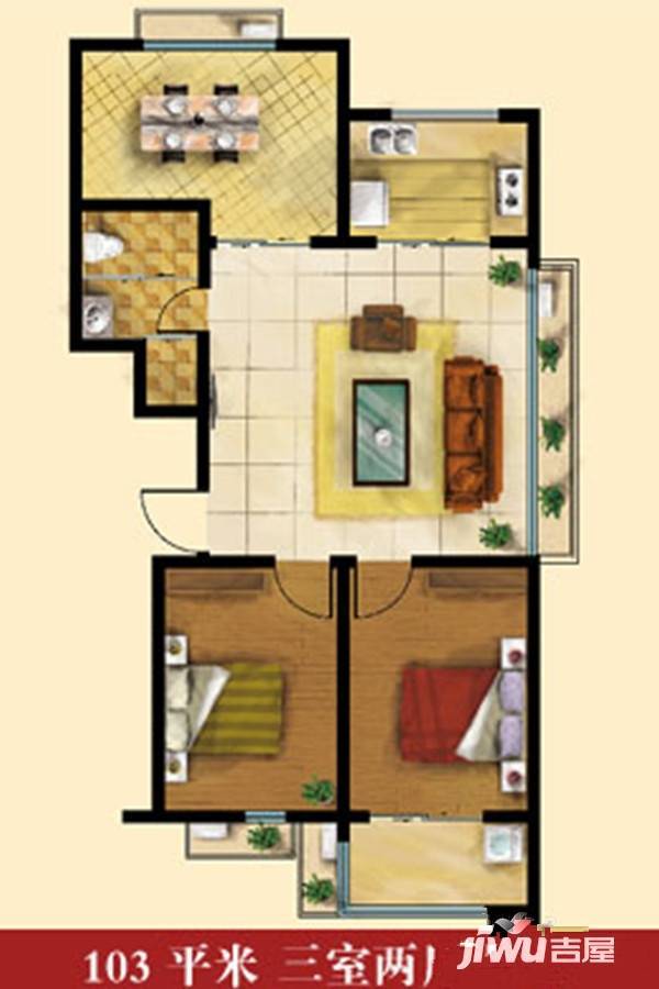 宜园桥鑫建小区3室2厅1卫103㎡户型图