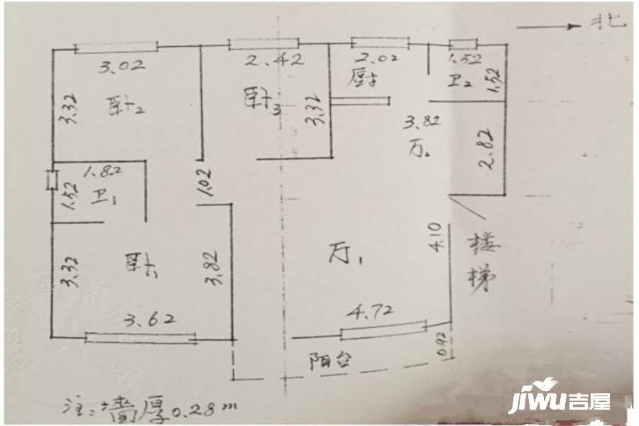 五吉单位房3室2厅2卫91.2㎡户型图