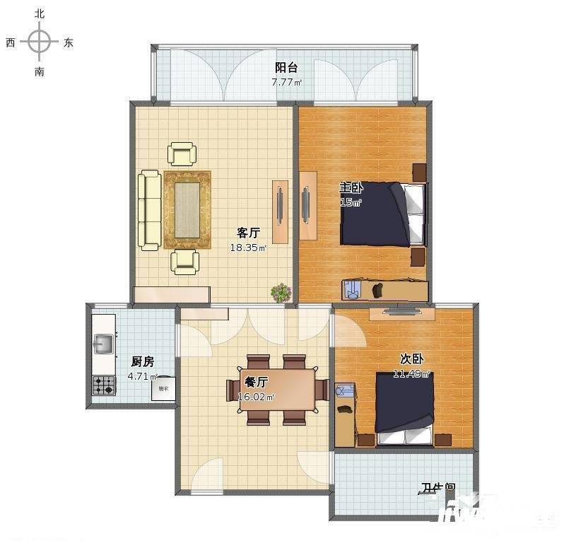 南屯苑2室2厅2卫80㎡户型图