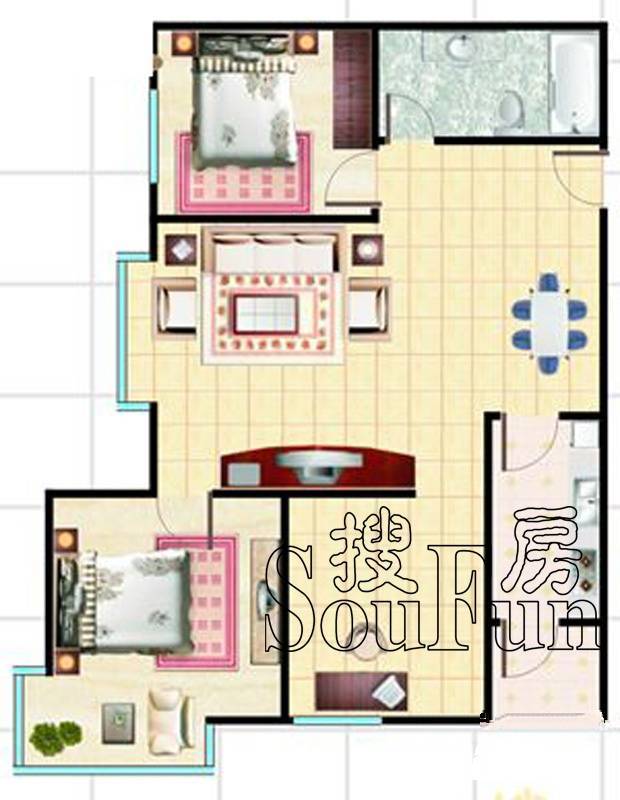 华城3室2厅1卫89.5㎡户型图