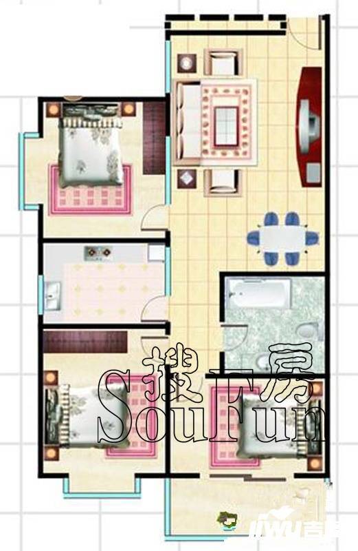 华城3室2厅1卫89.5㎡户型图