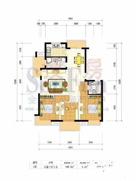 奉化亲亲家园3室2厅2卫113.5㎡户型图