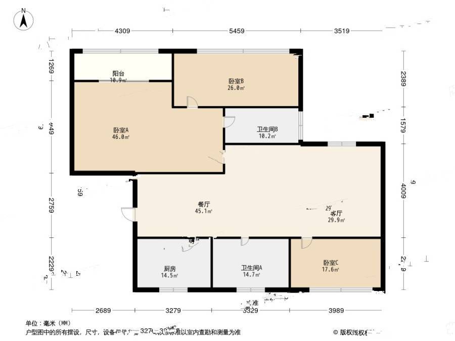 滨江二期3室2厅2卫137.5㎡户型图