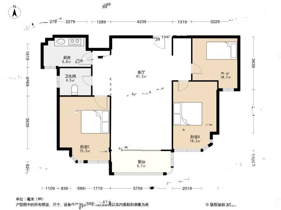 雅戈尔湖景花园3室2厅1卫104.1㎡户型图