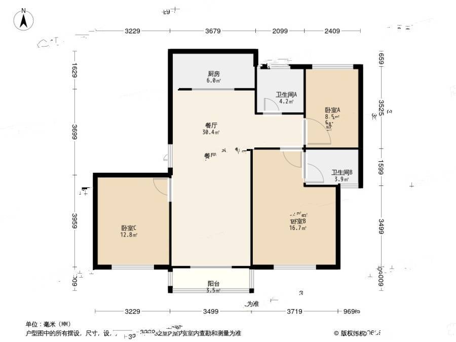 天悦家园3室2厅2卫125㎡户型图