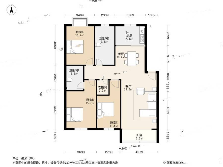 鸿景湾3室2厅2卫129.4㎡户型图