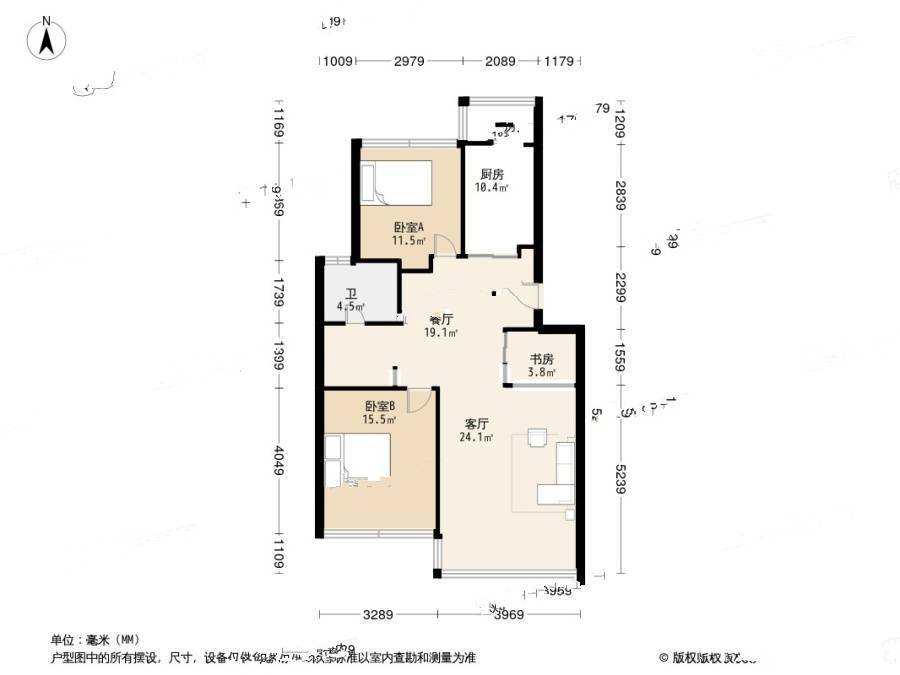 四季桂花园二期怡桂苑2室2厅1卫88㎡户型图