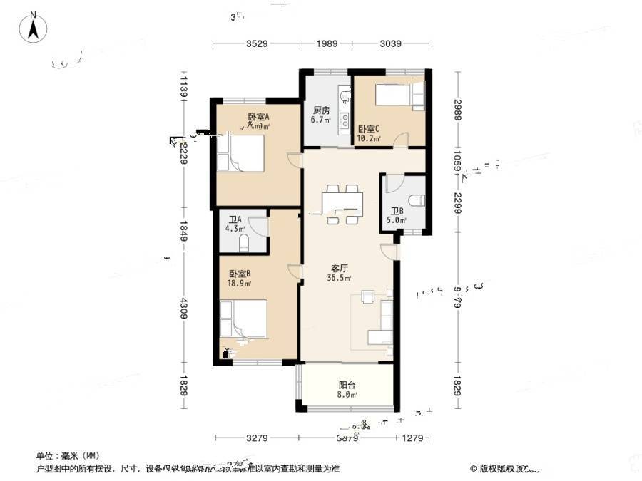 鸿翔锦园3室2厅2卫113.3㎡户型图