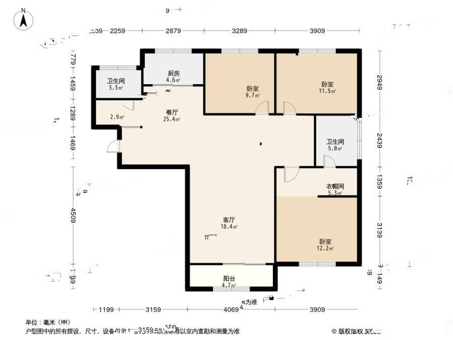 四明家园3室2厅6卫128.7㎡户型图