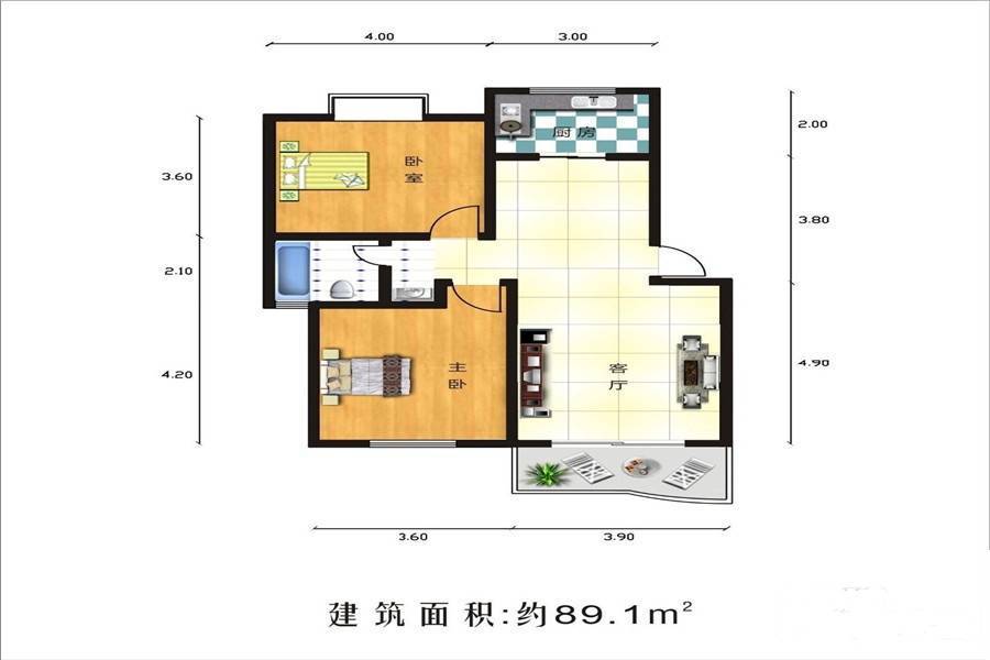 幸福家园2室1厅1卫89.1㎡户型图