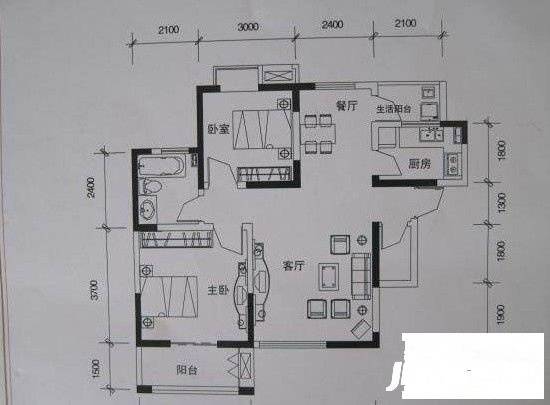 边家村陕建一公司家属院2室2厅1卫88㎡户型图