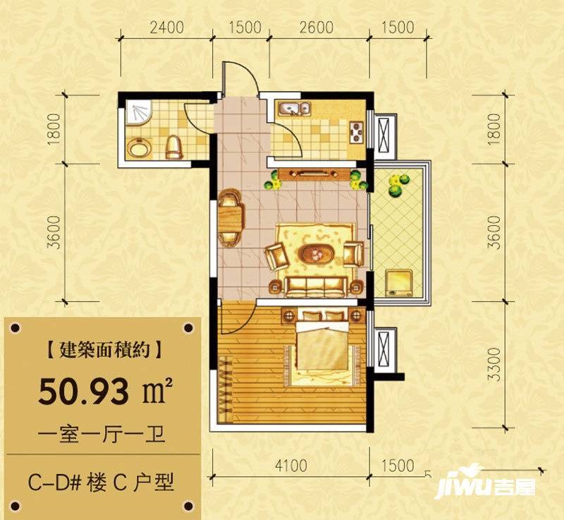 城市风景都市印象1室1厅1卫50㎡户型图