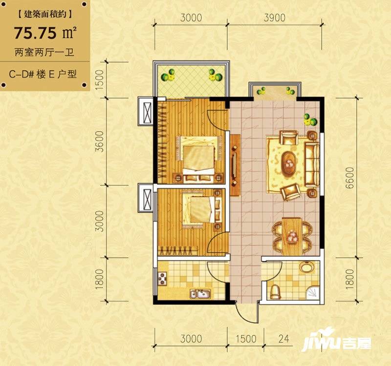 城市风景都市印象2室2厅1卫96㎡户型图