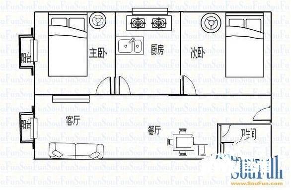 日化小区2室2厅1卫90㎡户型图