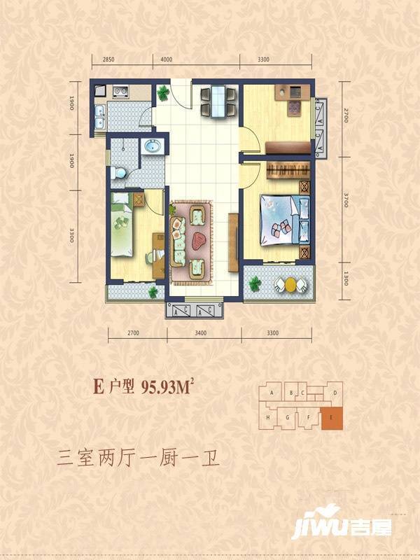 悦西湖泊悦3室2厅1卫95.9㎡户型图