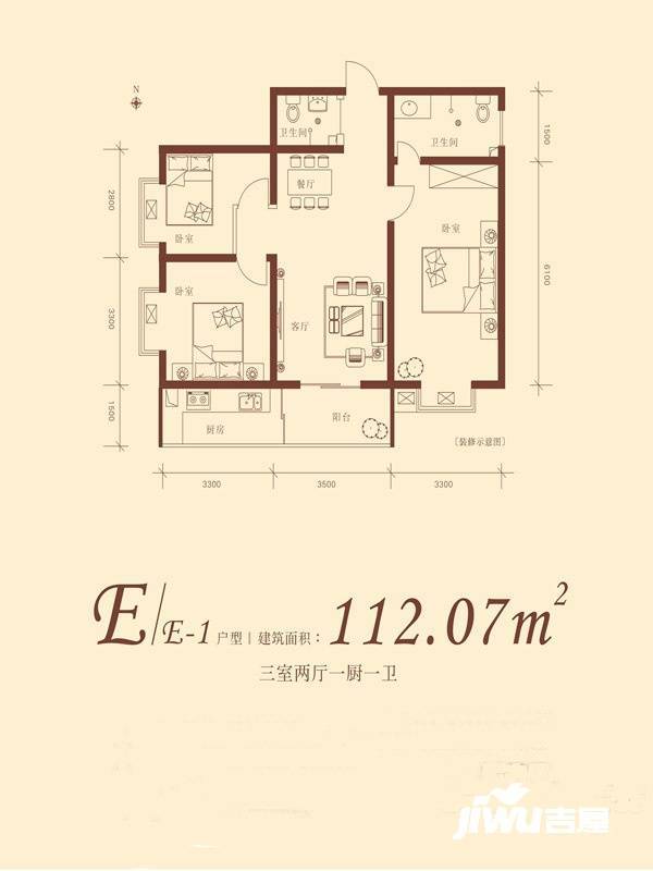 悦西湖泊悦3室2厅1卫95.9㎡户型图