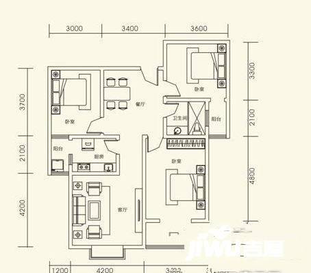 海璟印象城民生家园3室2厅1卫123㎡户型图