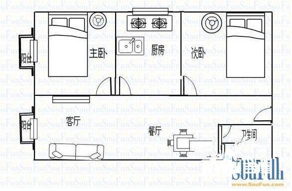 简爱公寓2室2厅1卫95㎡户型图