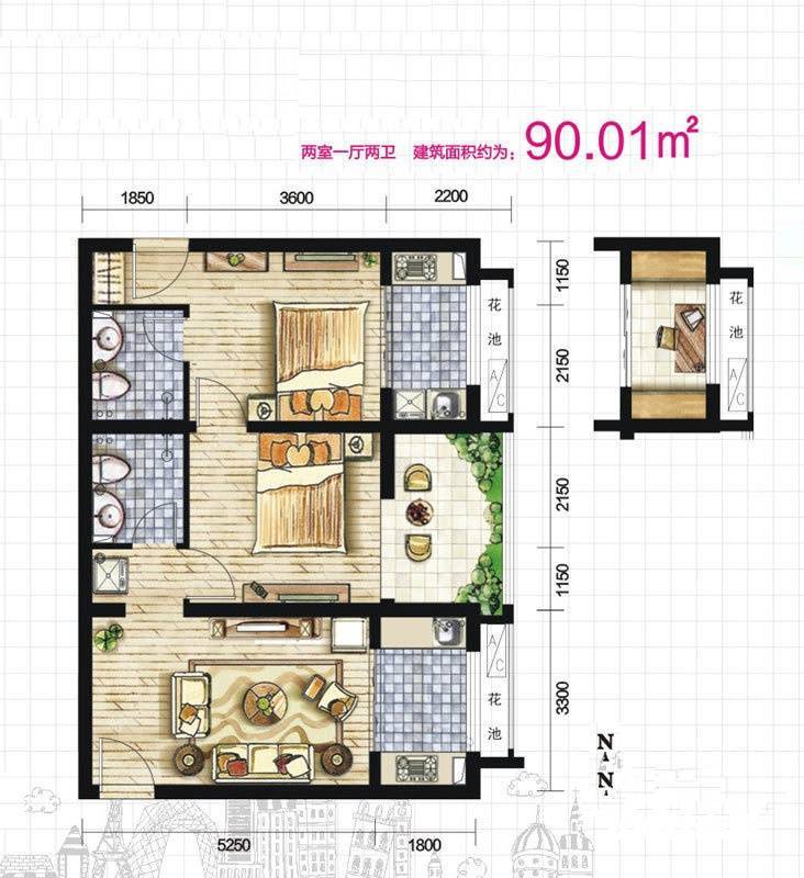 809库单位家属院2室1厅2卫90㎡户型图