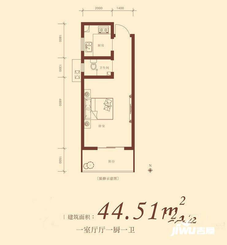 迎春小区1室1厅1卫44㎡户型图