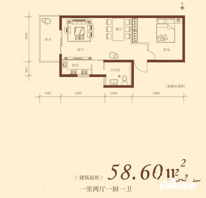 迎春小区1室2厅1卫58㎡户型图