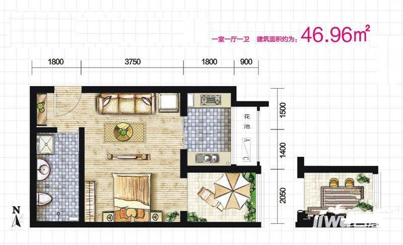 伞塔路丹尼尔小区1室1厅1卫29㎡户型图