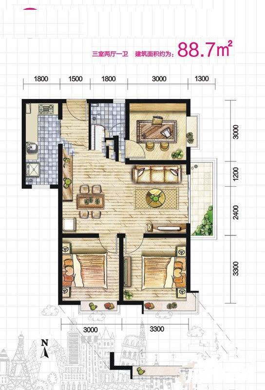 伞塔路丹尼尔小区3室2厅1卫88㎡户型图