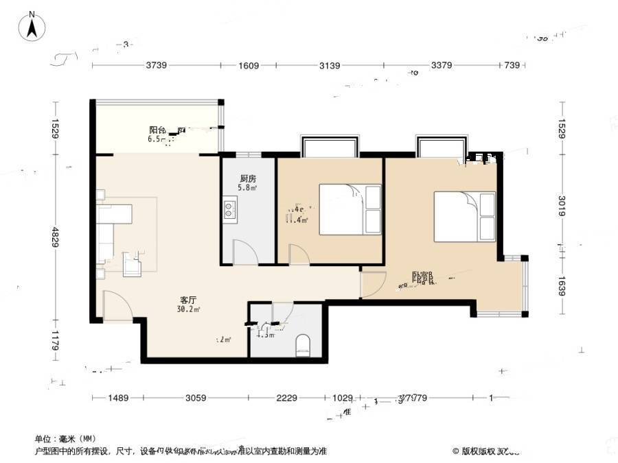 三兴鑫园2室2厅1卫90.3㎡户型图