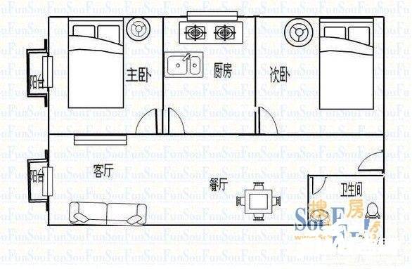 国旅唐城小区2室2厅1卫100㎡户型图