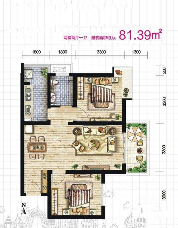 欣景苑2室2厅1卫81㎡户型图