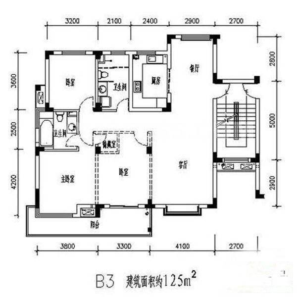 竹园小区3室1厅1卫124㎡户型图