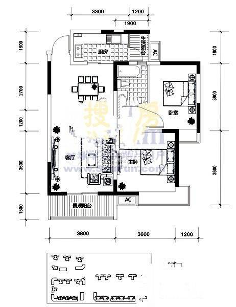 高山流水幸福快车2室2厅1卫90.5㎡户型图