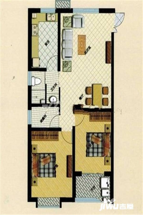 滨湖花园居住小区2室2厅1卫87㎡户型图