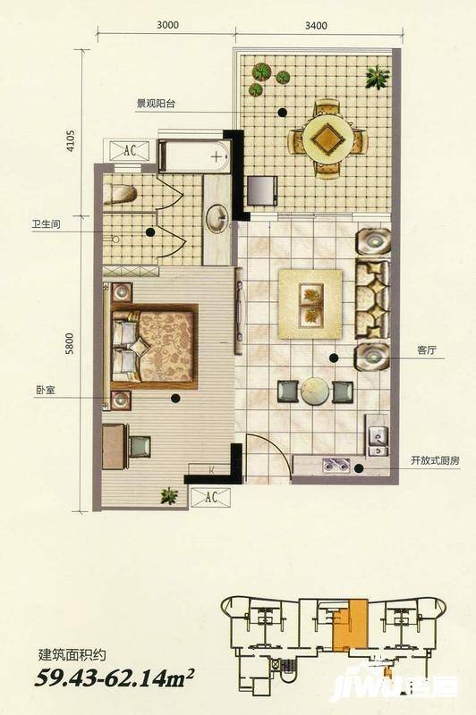 海润桃花岛1室1厅1卫62.1㎡户型图