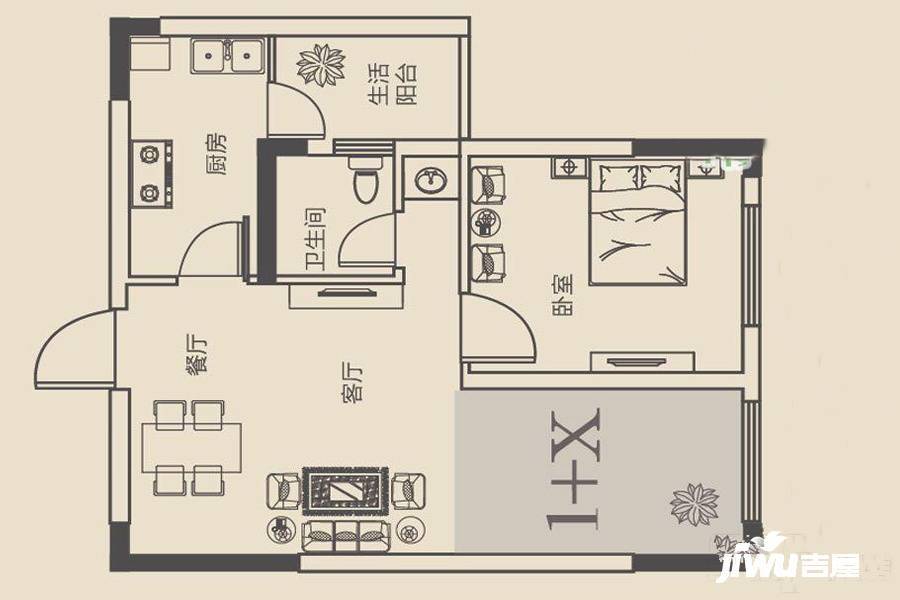 逸都国际1室2厅1卫98㎡户型图